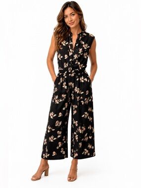 Vince Black Satin Sleeveless Floral Wide-Leg Jumpsuit
